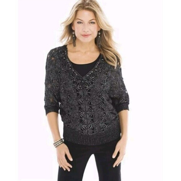 Chico's Black Embellished Open Knit Pullover Sweater Small - Picture 1 of 12